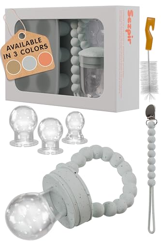 Silicone Baby Fruit Feeder Pacifier with Freezer Tray Made from Safe and BPA Free Materials, Suitable for Fruits, Veggies, Puree or Frozen Breast Milk Popsicle Teether with Clip Strap, Gray Speckled