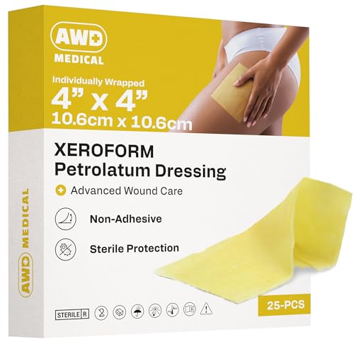AWD Medical Xeroform Petrolatum Dressing - Non-Adhering Gauze Pad - Fine Mesh Gauze Patch Sterile - Healthcare Supplies for Wound Care, Burns, Lacerations, & Skin Grafts Aide (Box of 25) (4"x4")
