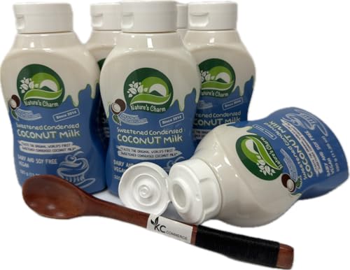Nature's Charm Sweetened Condensed Coconut Milk, NEW Squeeze Bottle , Dairy and Soy FREE, Vegan, Lactose FREE, Gluten FREE. Rich Coconut Flavor, Good Soure of Calcum-11.25 Ounce (Pack of 2) Combo With FREE KC Commerce Wooden Spoon (2)