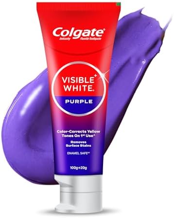 Colgate Visible White Purple Toothpaste for Teeth Whitening, Teeth Whitening Toothpaste Whitens Yellow Teeth, Enamel-Safe for Daily Use Toothpaste (100g+20g/ 3.5oz+0.7oz)