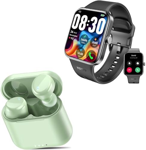 TOZO S4 AcuFit One Smartwatch Bluetooth Talk Dial Fitness Tracker Black + T6mini Wireless Earbud Bluetooth 5.3 Headset New Upgrade Green