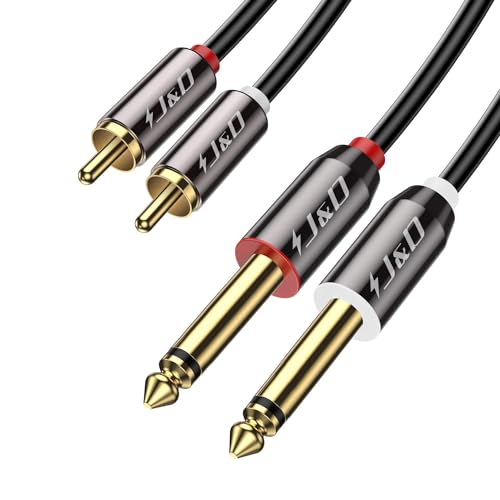 J&D RCA to 1/4 Cable, Dual 1/4 inch TS to Dual RCA Stereo Audio Interconnect Cable, Gold Plated Copper Shell Heavy Duty 2X 6.35mm 1/4 inch Male TS to 2 RCA Male Adapter Cable, 15 Feet