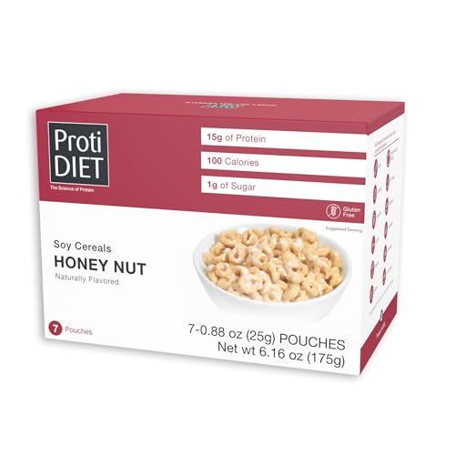 ProtiDIET High Protein Honey Nut Soy Cereal - Gluten Free, Keto Friendly, Low Sugar, Low Fat Honey Nut Cereal, Healthy Cereal for Adults - The Perfect Pair for your Milk - 7 Protein Cereal Pouches