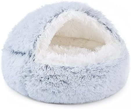 NOYAL Round Hooded Donut Dog Bed for Small & Medium Pets - Plush Fluffy Anti-Anxiety Cat Cave Bed with Cover