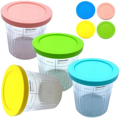 Replacement for Ninja Creami Deluxe Pints and Lids 4 Pack, Compatible with Ninja CREAMi Deluxe 11-in-1 Ice Cream Makers NC500 Series, NC500 NC501 etc(4 Contains+4 PE Lids+4 Soft Silicone Lids)
