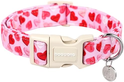 DOGWONG Valentine's Day Dog Collar - Pink Heart Adjustable Cotton Heart Dog Collar - Perfect Dog Collar for Small Medium Large Dogs