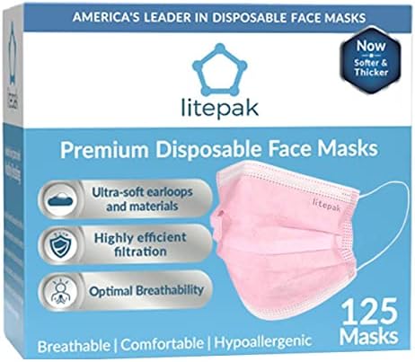 Litepak 125-Pack Disposable Face Mask Premium Comfort Earloops with Dispenser Box (Pink)