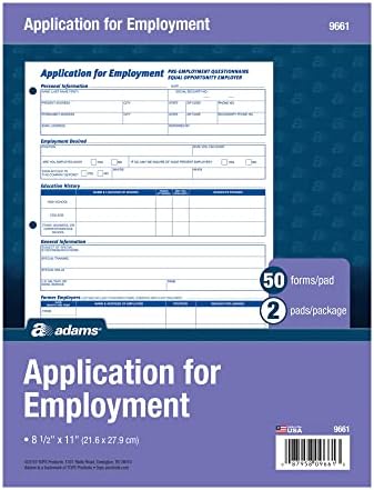 Adams Applications for Employment, 8.5 x 11 Inch, 3-Hole Punched, 50-Sheets/Pack, 2-Pack, White (9661)