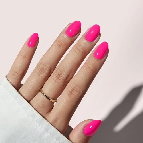 BTArtbox Press On Nails Short - Hot Pink Press On Nails, Short Oval Fake Nails with Nail Glue, Reusable Stick On Nails in 16 Sizes, Soft Gel Nail Kit for Summer Gifts, Pink Peony