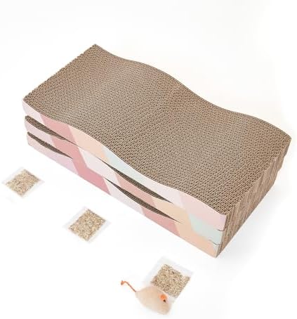 Cat Scratching Pads Cardboard Cat Scratchers for Indoor Cats Reversible Large Wide Corrugated with Catnip and Mini Toy (3pcs)