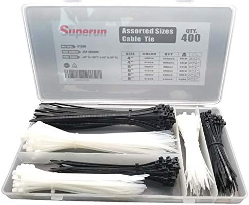 Superun Zip Tie Kit - 400 Pack Zip Ties Assorted Sizes 4 Inch, 6 Inch, 8 Inch Mix Pack in Black & White Wire Ties assortment…