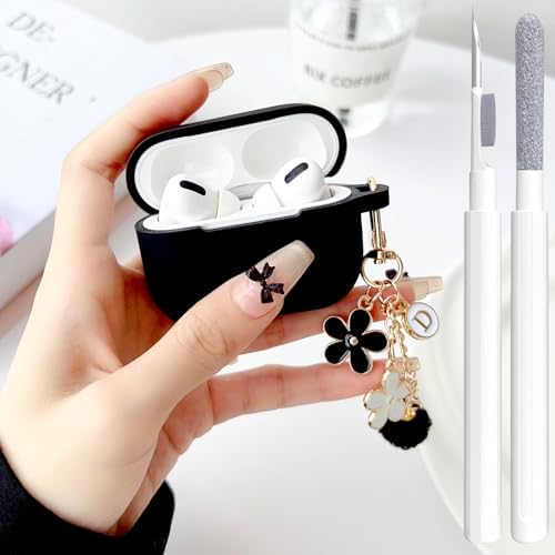 Cute Case for Airpods Pro 2nd/1st Generation Cover for Girl Women with Pom pom Flower Keychain & Cleaner Kit, Soft Silicone Protective Skin for Airpods Pro 2/1 Gen 2019/2023/2022, Black