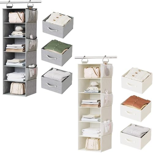 Pipishell Hanging Closet Organizer 6-Shelf, Hanging Shelves for Closet with 3 Removable Drawers & Side Pockets, Hanging Shelf Organizer for Bedroom or Garment Rack, 12'' x 12'' x 43.3'', Gray White