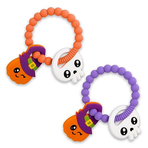 Halloween Baby Toys Pumpkin Teether, Silicone Baby Teething Toys, Baby Girl or Boy Halloween Gifts BPA Free Chew Toys, Nightmare Before Christmas Gifts (2 PCS)