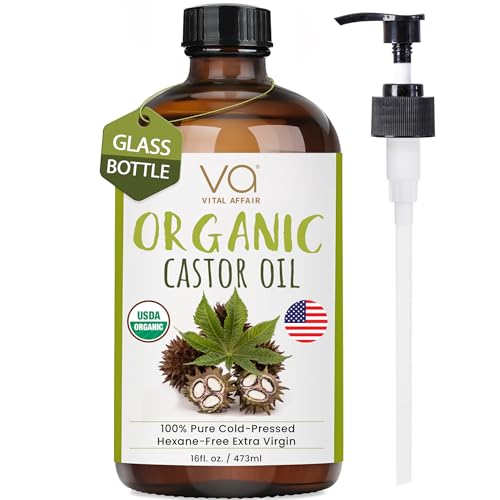 Pure Castor Oil Organic Cold Pressed Unrefined Glass Bottle-USDA Certified Organic Castor Oil Cold Pressed Glass Bottle for Castor Oil Pack Wrap-Castor Oil for Face,Hair Growth,Eyelashes,Eyebrows-16oz