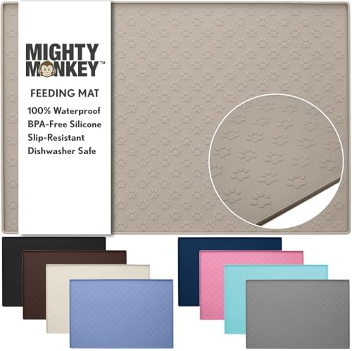 MIGHTY MONKEY 100% Waterproof Dog Food Mat, Raised Edges Silicone Pet Feeding Placemat for Cat, Dogs, Pet Bowls, High Lipped Tray Prevents Water Spills, Food on Floor, Dishwasher Safe, 22x14, Beige