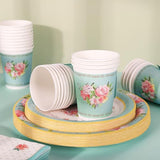 Whaline Tea Party Tableware Supplies Serves 24 Spring Floral Tea Party Disposable Paper Dinnerware, 24 9" Plates 24 7" Saucer Plate 24 9oz Tea Cups with Handle 48 Luncheon Napkins