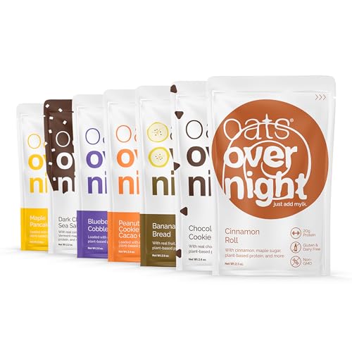 Oats Overnight Vegan Variety Pack - High Protein, High Fiber Breakfast Protein Shake - Gluten Free Oatmeal, Non GMO High Protein Oatmeal - Banana Bread, Blueberry Cobbler & More (8 Pack)