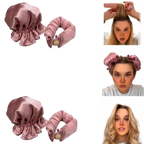 New Satin Heatless Hair Curling Set with Rollers, Caps and Overnight Curlers for Long Lasting Curls for Women (2 SET, Lotus root starch)