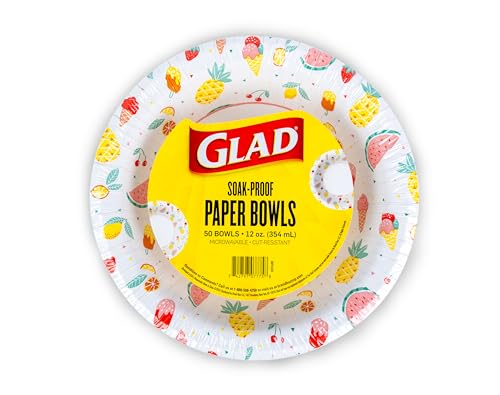 Glad Everyday Disposable Paper Bowls with Picnic Design| Cut-Resistant, Microwavable Paper Bowls for All Foods & Daily Use | 12 oz, 50 Count - 12 Pack