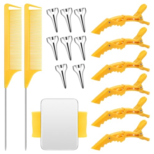 Hair Styling Tool Set for Braiding, 17 Pieces Including Hair Parting Rings, Hair Sectioning Clips, Rat Tail Combs, and Magnetic Pin Holder Wristband (Yellow)