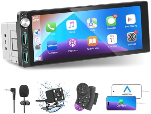 Single Din Car Stereo with Apple Carplay Android Auto,6.9 Inch IPS Touch Screen Car Stereo with Backup Camera, Car Raido Support Mirror Link Bluetooth Handsfree FM AM USB EQ SWC