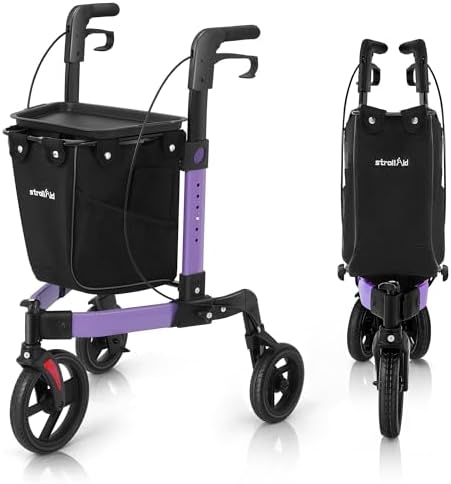 3 Wheel Rollator Walker, Walkers for Seniors, Rollator Walker Lightweight Foldable, with Tray and Large Storage Bag, 10 Inch Front Wheel for All Terrain, Purple