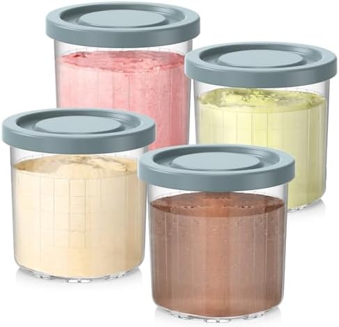 for Ninja Creami Pints and Lids-4 Pack, 16OZ Container Compatible with NC299AMZ & NC300s Series Ice Cream Makers, Extra Cups Replacement for Ninja Creamy Containers Airtight Anti-slip Dishwasher Safe
