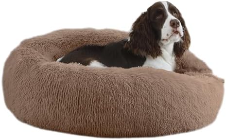 30'' inch Calming Dog Bed, Plush Anti-Anxiety Donut Dog Bed for Small Medium Dogs, Warming Cozy Soft Cute Round Washable, Marshmallow Cuddler Nest Pet Bed, Brown