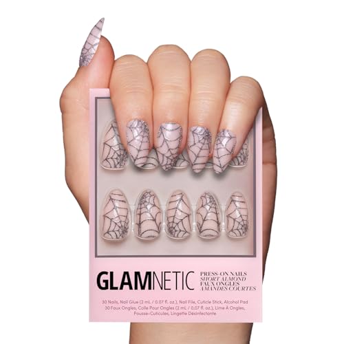 Glamnetic Press On Nails - Lady Web | Semi-Transparent Glitter Spiderweb Short Almond False Halloween Nails, Reusable Stick On Fake Nails with Glue | Salon Quality | 15 Sizes - 30 Nail Kit