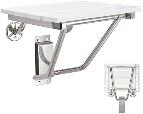 Folding Shower Seat and Bench Wall Mounted, Shower Chair Foldable, Shower Stool Collapsible for Inside Shower Bathroom Bathtub Small Space, 350lb Capacity, Plastic Wood