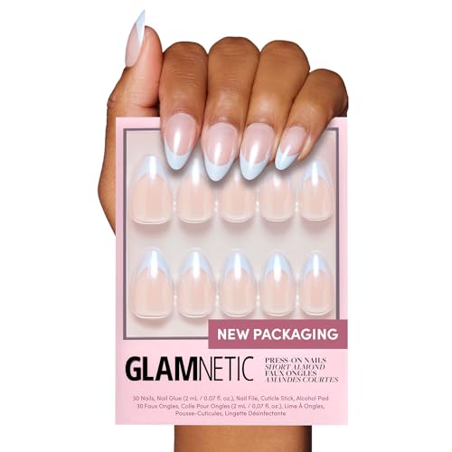 Glamnetic Press On Nails - Blueberry Icing | Short Almond Baby Blue French Tip Nails with a Glaze Finish | 15 Sizes - 30 Nail Kit with Glue