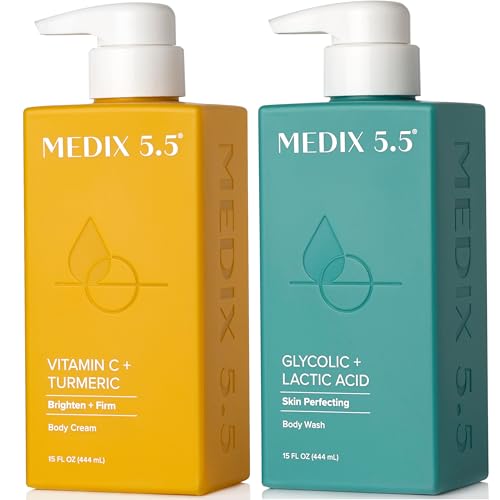 Medix 5.5 Exfoliating AHA Glycolic Acid Face & Body Scrub Cleanser + Vitamin C Moisturizing Body Cream Lotion Skin Care 2PC Set | Alpha Hydroxy Acid & Lactic Acid Foaming Body Wash & Face Wash