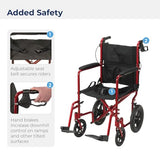 Drive Medical EXP19LTRD Lightweight Expedition Folding Transport Wheelchair with Hand Brakes, Red