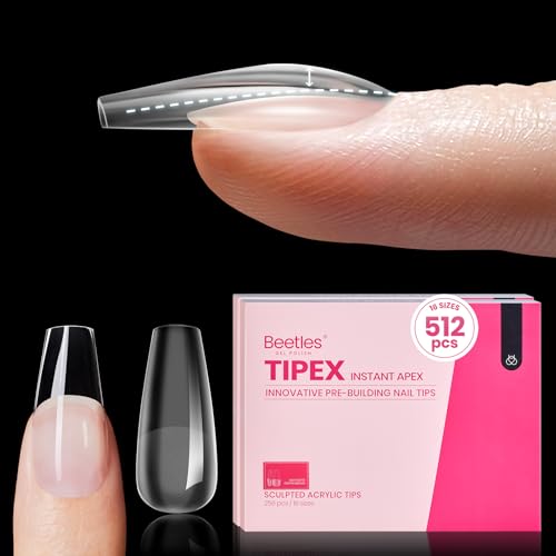 Beetles Tipex Instant Apex Nail Tips, 512Pcs Medium Coffin Pre-Building & Pre-Etched Tipex Gel Nail Tips, Thick Strong Half Matte Acrylic Nail, 16 Sizes for Flat Nails Press on Nails Gift for Women