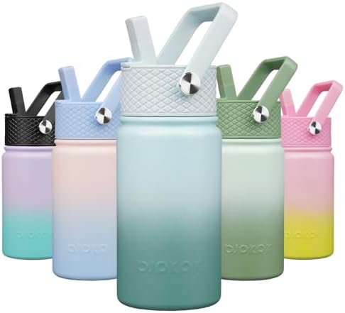 BJPKPK Insulated Water Bottle with Straw Lid, 15oz Cute Water Bottles, Stainless Steel Metal Thermos, Reusable BPA Free Leak Proof Tumblers, Cups,Milk Blue