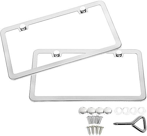 SunplusTrade 2 Stainless Steel Polish Mirror License Plate Frame + Chrome Screw Caps (Silver)
