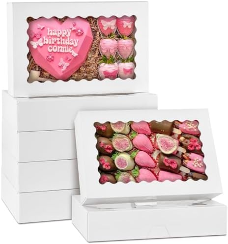 30 Pack Auto Pop-up Cookie Boxes with Window, 12" x 8" x 2.5" White Bakery Boxes Treat Boxes for Chocolate Covered Strawberries, Breakable Heart, Sugar Cookies, Cake Pops, Donuts, Pastries