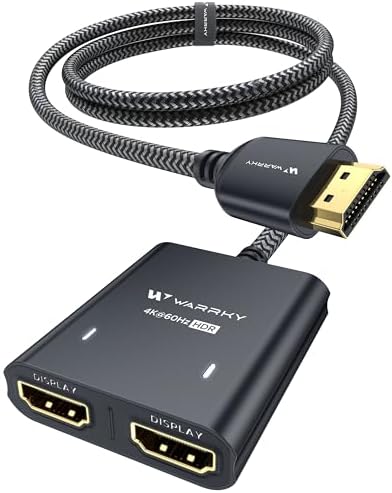 WARRKY HDMI Splitter 4K, 1x2 HDMI Display Duplicate/Mirror, HDMI Splitter 1 in 2 Out [Metal Shell, 3.3 Ft Braided HDMI Cable, LED Indicators], USB-C Powered Splitter, Black-4K@60Hz HDR