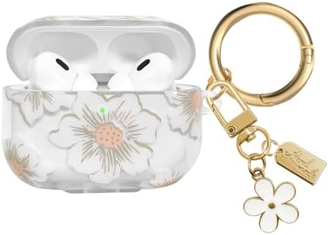 Compatible with AirPods Pro 2 Case Cover 2022, Soft TPU with Cute Flower Pattern for AirPods Pro 2nd/1st Generation Case with Flower Keychain and Carabiner for Girls Women (White)
