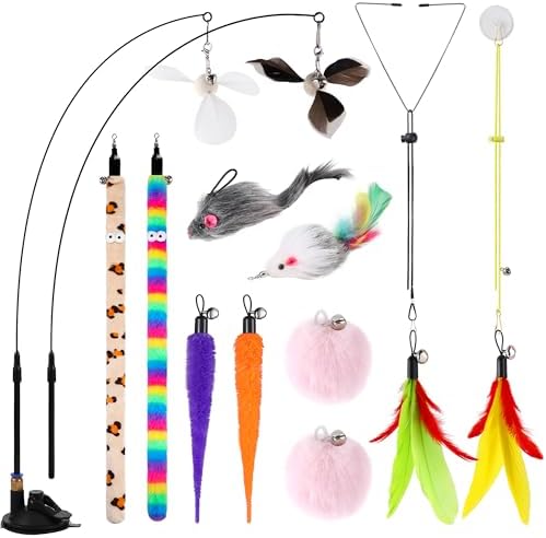 Soarer 4-in-1 Interactive Cat Feather Toys,12Pcs Durable Fishing Pole Cat Feather Toy Replacements,Enhanced Suction Cup Cat Wand Toy,2 Types Door Hanging Cat String Toy for Indoor Kitten Cats