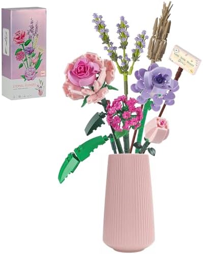 Flower Bouquet Building Blocks Sets for Adults Mini Pink Rose Lavender Botanical Collection Toys Kits Valentines Mother's Day Birthday Gifts for Mom Women Her Girlfriends Kids 8+ 8-12 (393PCS)