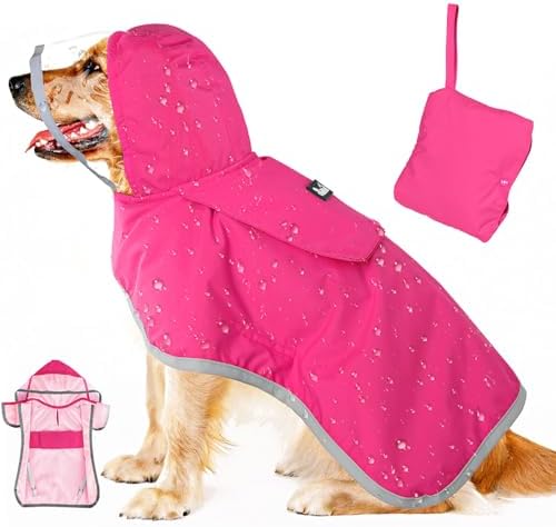 Lukovee Dog Raincoat, Adjustable Dog Rain Jacket with Clear Hooded Double Layer for Large Medium Small Dogs Puppies, Waterproof Dog Rain Coat Poncho with Reflective Storage Pocket & Rim (Fuchsia,M)