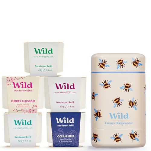 Wild - The Full Monty Starter Kit - Bee Case with Refills in a Variety of Fresh Scents 5 x 1.4oz - Refillable Deodorant & Aluminum Free - Long Lasting Protection - Vegan