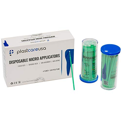 400 Regular Micro Applicator Brushes - Disposable Dental Microbrushes with Bendable Tip - Microswabs for Eyelash Extensions - Microbrush Applicator Sticks with Cotton Tip (Green, 4 Tubes of 100)