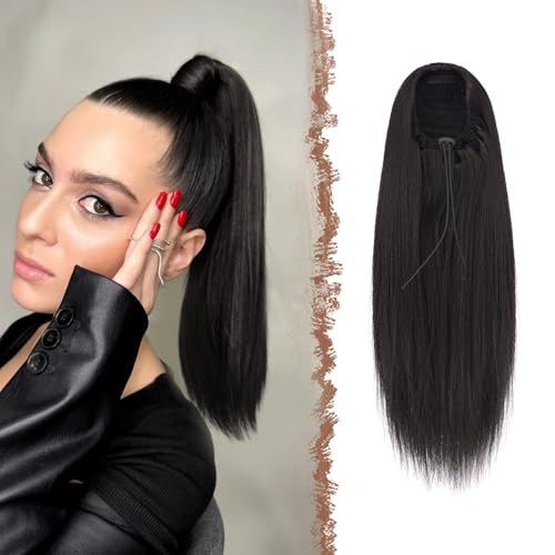 FESHFEN Straight Ponytail Extensions Long Drawstring Natural Synthetic Pony Tail Hair Pieces Clip in Ponytails Hairpieces for Women, Black Brown 14 inch