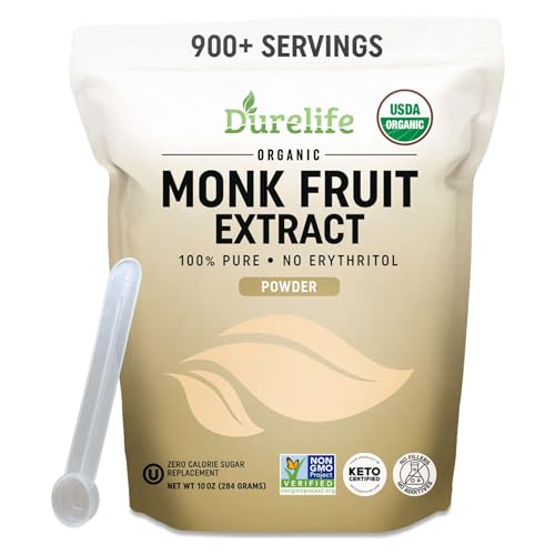 Durelife Organic 100% Pure Monk Fruit sweetener, No Erythritol, Monkfruit Extract Powder, USDA organic NON-GMO Project Verified, Keto Certified OU kosher No Fillers Zero Calorie Sugar Substitute 10 OZ