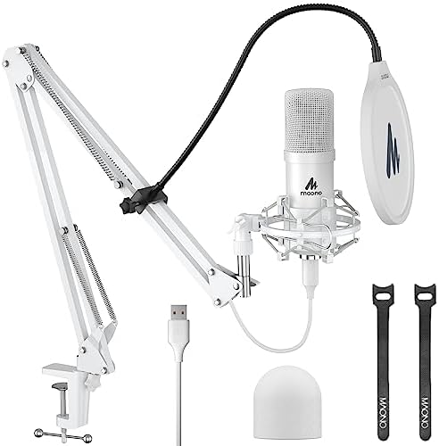 MAONO USB Microphone, 192kHz/24bit Plug & Play PC Computer Podcast Condenser Cardioid Metal Mic Kit with Professional Sound Chipset for Recording, Gaming, Singing, YouTube, AU-A04 White