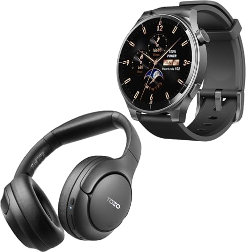 TOZO S5 Smartwatch (Answer/Make Calls) Sport Mode Fitness Watch, Black + HT2 Hybrid Active Noise Cancelling Over Ear Bluetooth Headphones Black