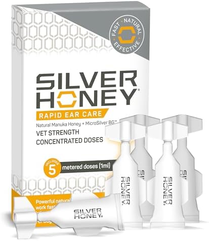 Absorbine Silver Honey Rapid Ear Care Vet Strength Concentrated Doses, 5 Ear Drops for 10 Days on 1 Ear for Dogs & Cats, Medical Grade Manuka Honey & MicroSilver BG